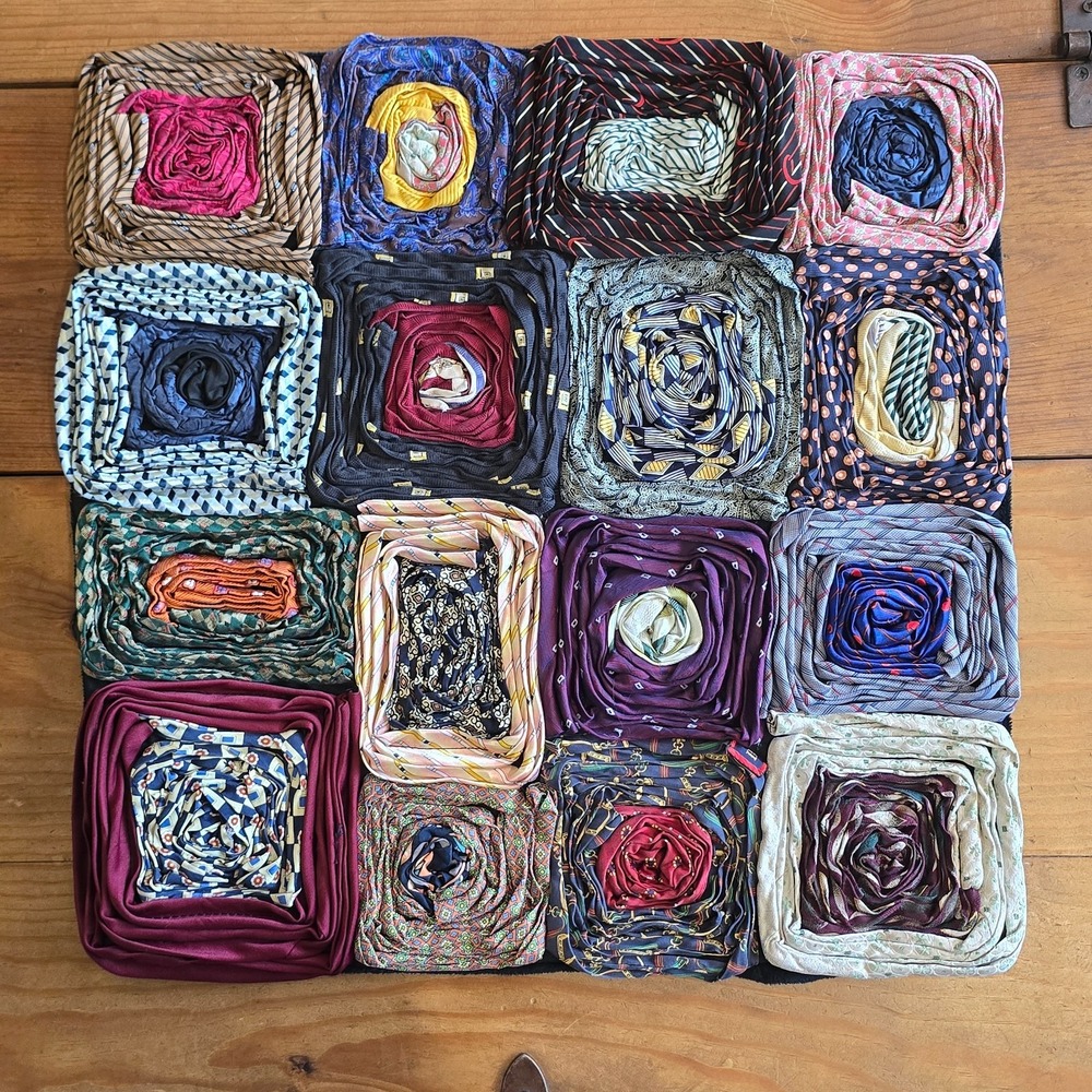 Vintage Dreamweavers Handmade Silk Tie Pillow Cover with Hand-Rolled Roses